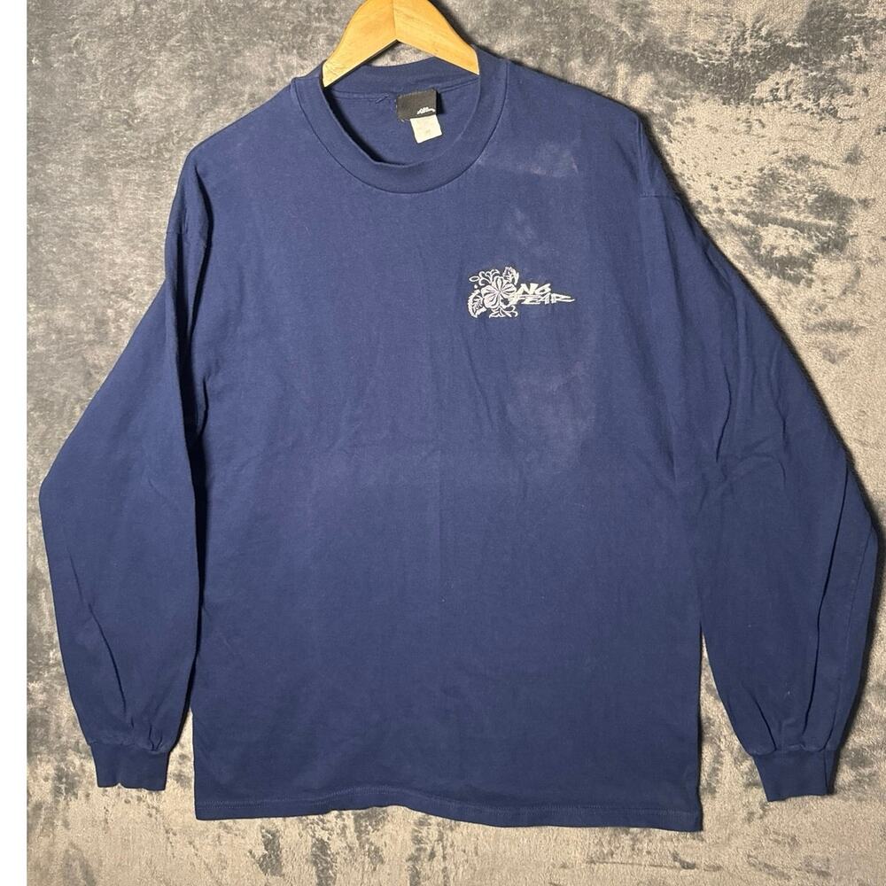 Skater x No Fear Long Sleeve T-Shirt Large Navy Blue Hibiscus VTG 90s USA Made!